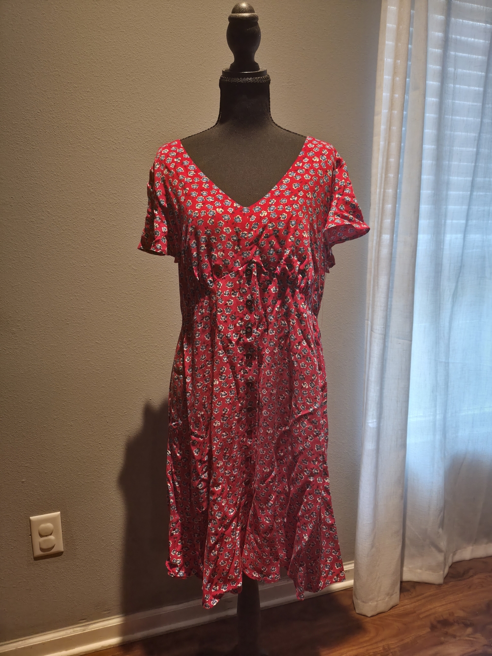 Red Floral Midi Dress with V-Neck